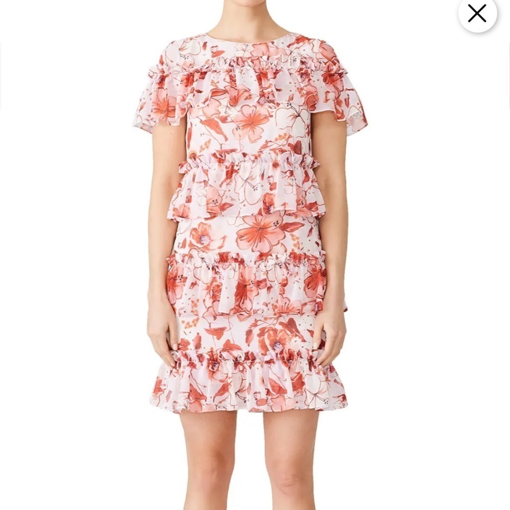 Badgley Mischka Tiered Ruffle Floral Dress Pink Mini Size 10 RTR Designer - Picture 2 of 14
